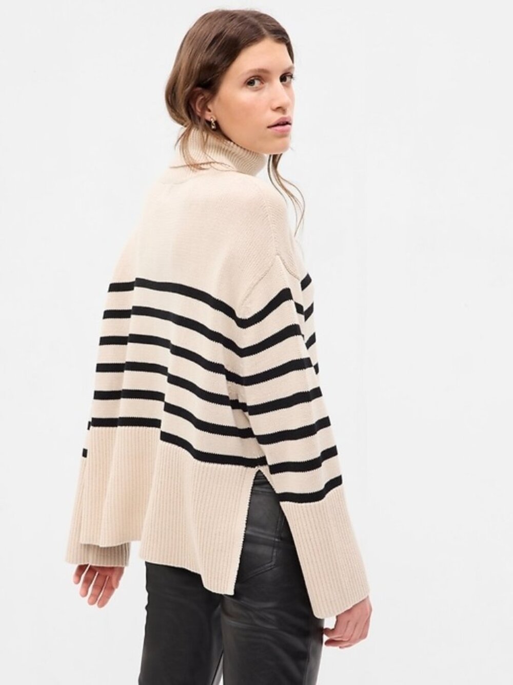 Gap Ivory Black Striped Oversized Turtleneck Sweater Size S Petite